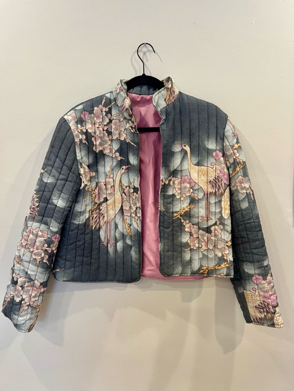 Quilted Crane Cherry Blossom Jacket Gray Pink Lined Open Front Bomber